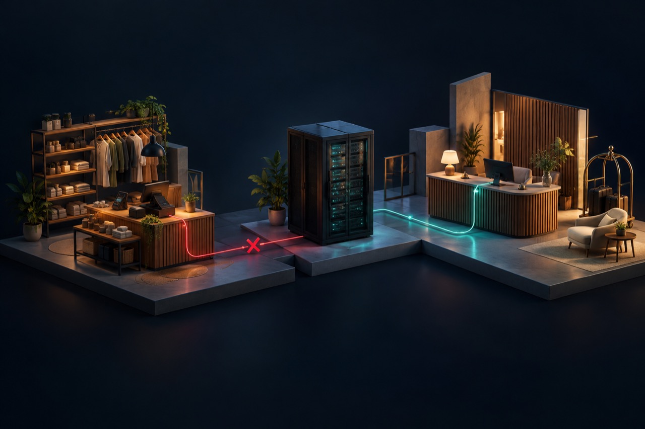 Business checkout and hospitality systems linked through a server, with one interrupted connection and another restored